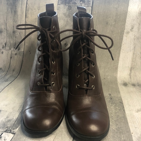 Apostrophe Shoes - Apostrophe Brown Leather Lace Up Heeled Bootie
